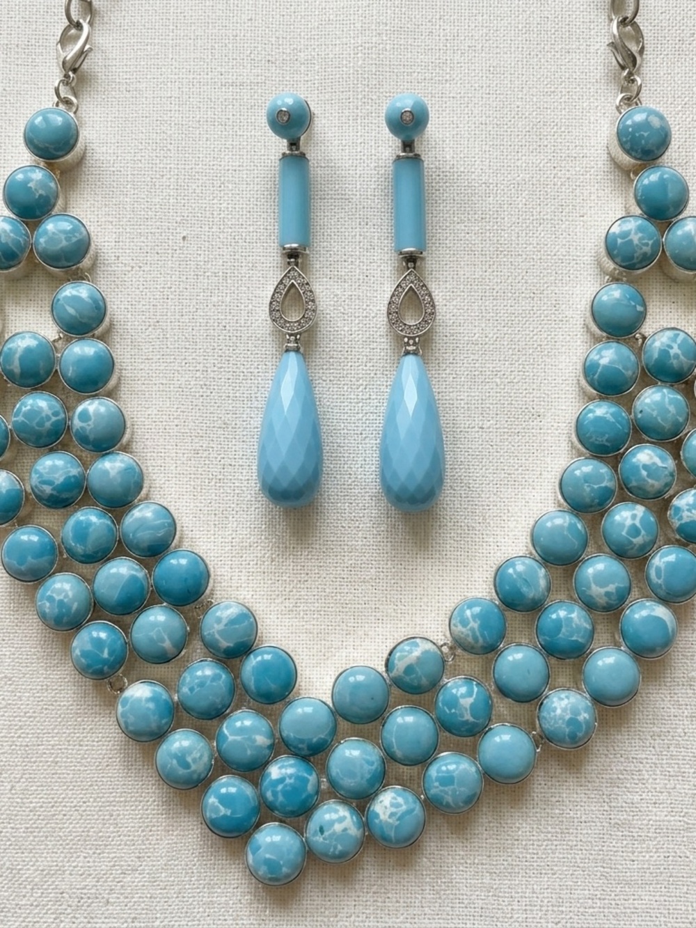 Stunning Faux Turquoise Statement Necklace&Earring Set - Silver Tone Demi-Parure